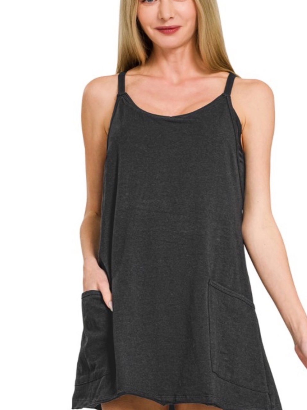 Zenana black Scoop Neck Pocket Tank Dress with romper liner